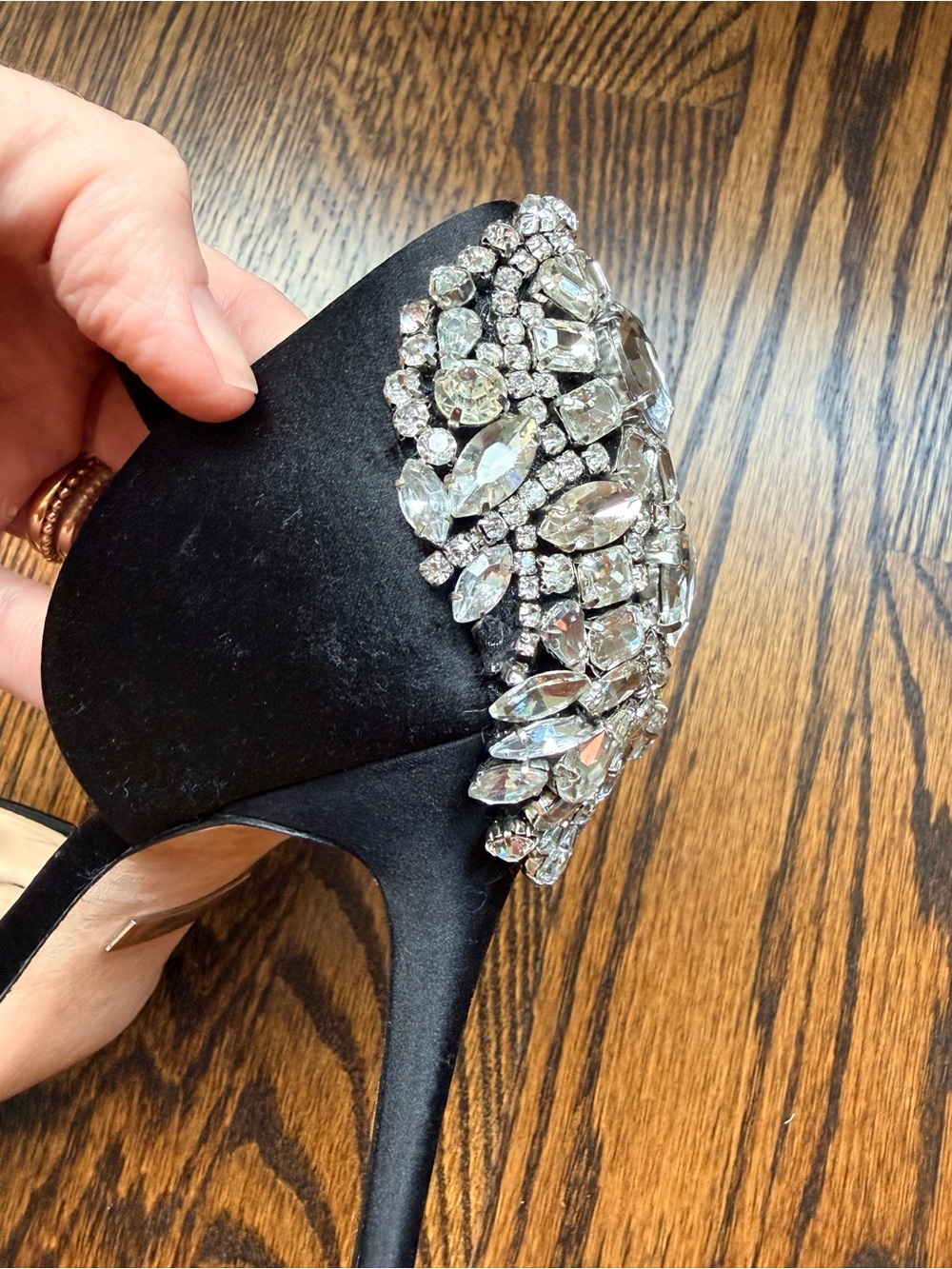 Badgley Mischka Black Satin Crystal Embellished Ankle Strap Heels size 7 - Picture 12 of 12